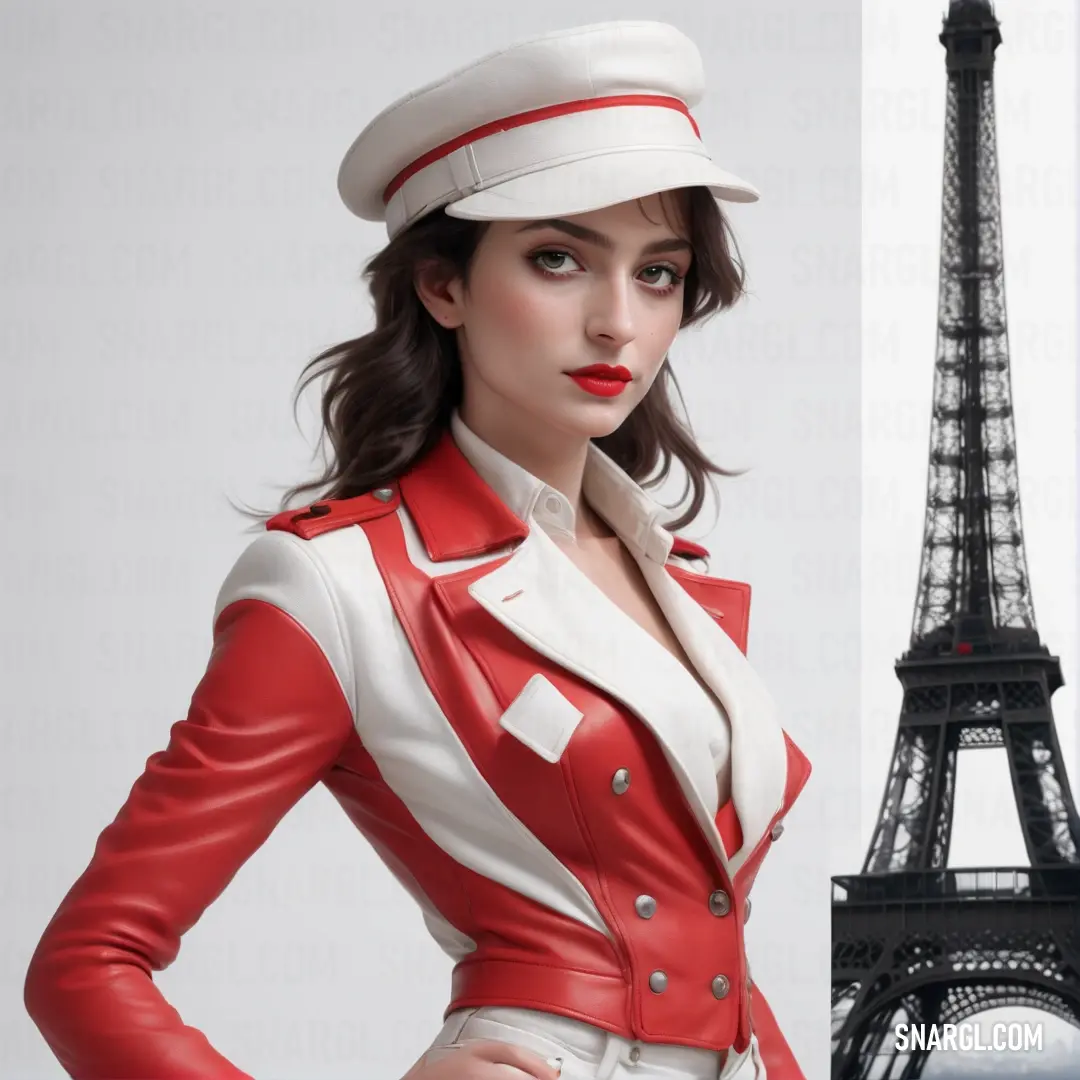 Woman in a red and white suit and hat in front of the eiffel tower in paris