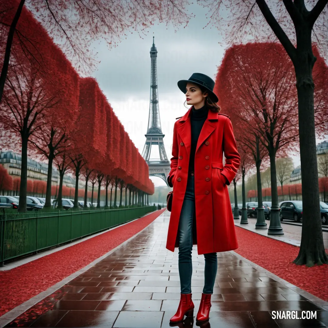Woman in a red coat and hat standing in front of the eiffel tower in paris