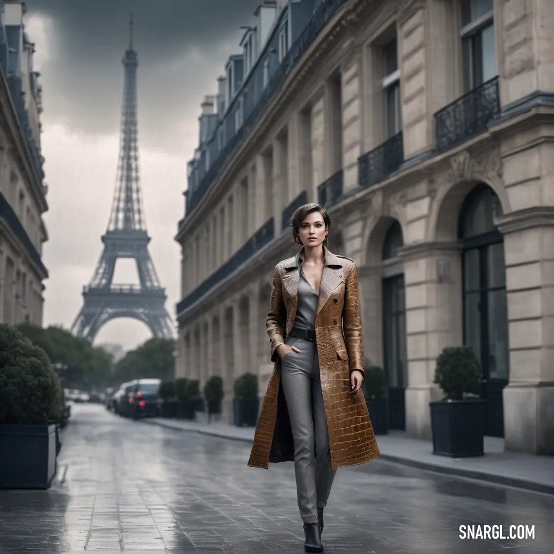 Woman in a trench coat walking down a street in front of the eiffel tower in paris