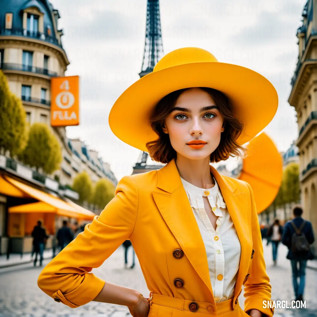 Woman in a yellow hat and yellow jacket standing in front of the eiffel tower in paris