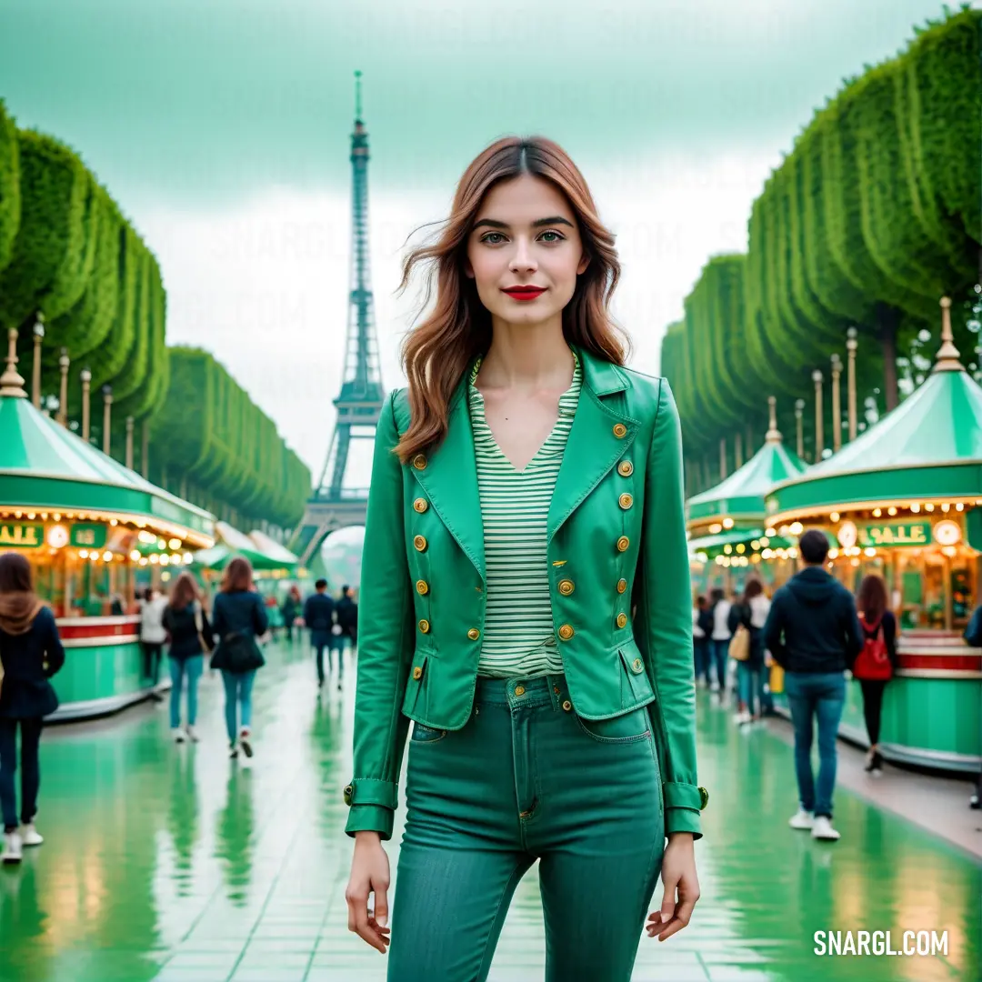 Woman standing in front of a carousel with a green jacket on and a green top on and a green and white striped shirt