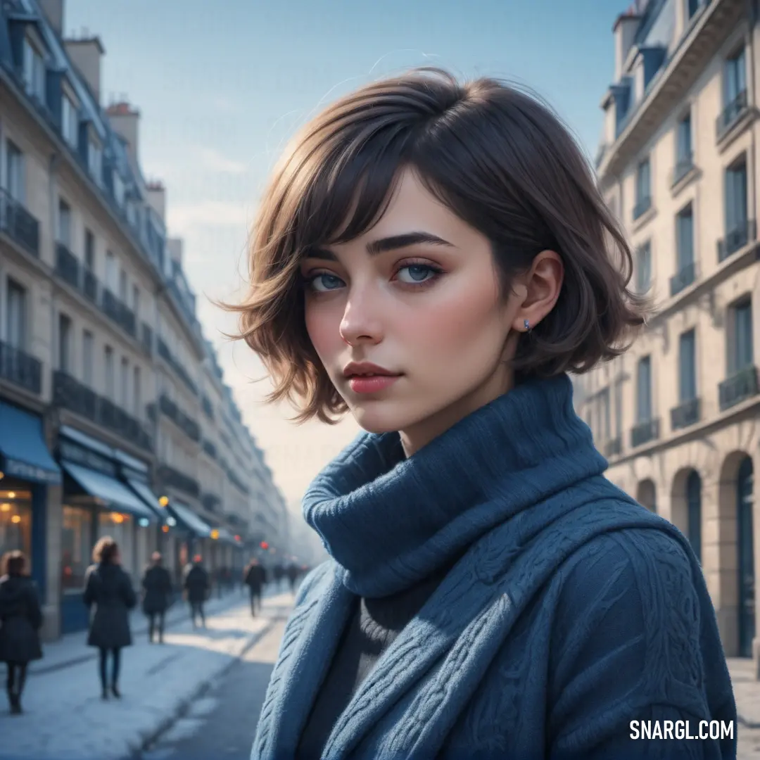 Woman with a blue coat and a scarf on a street corner in paris, france