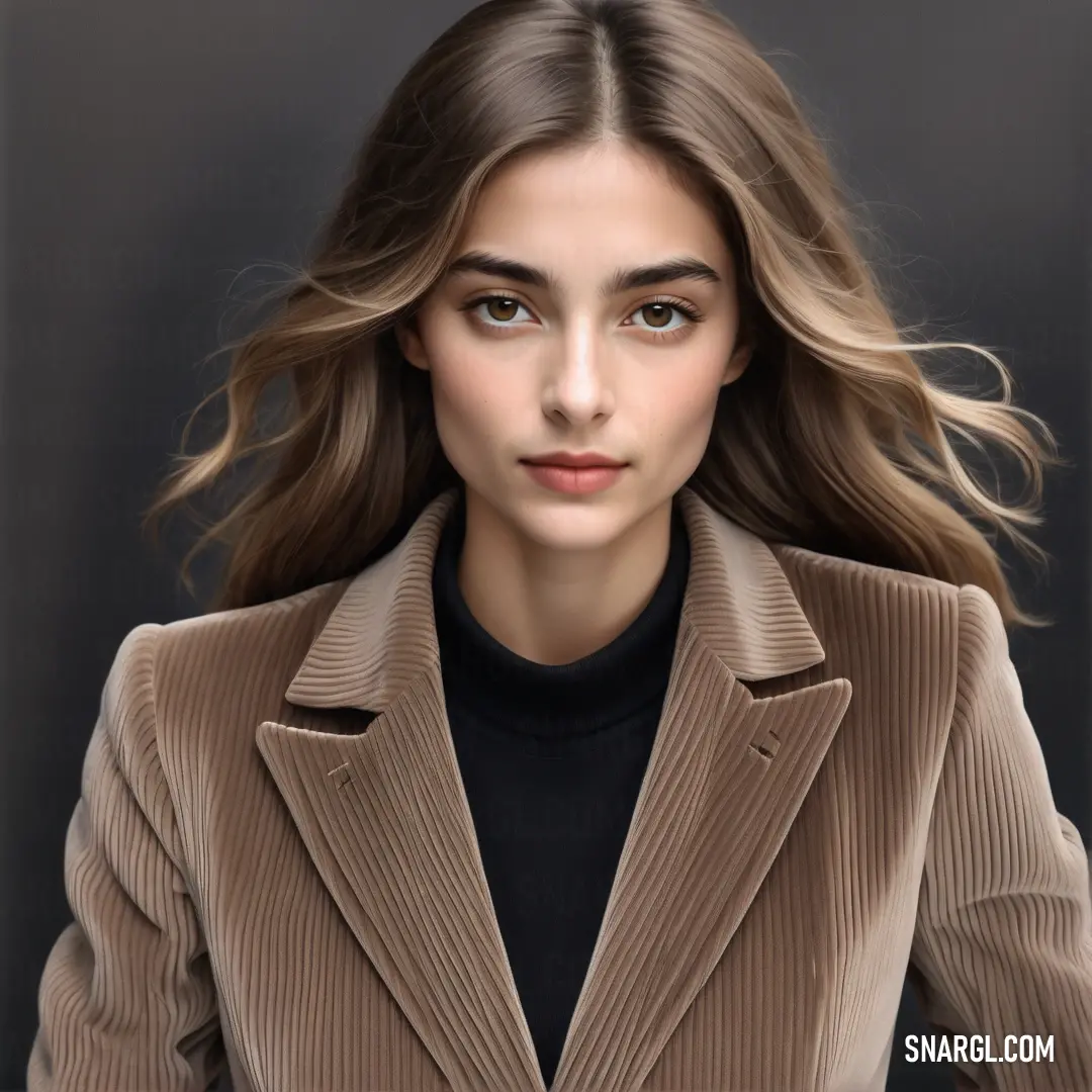 Woman with long hair wearing a brown jacket and black turtle neck sweater
