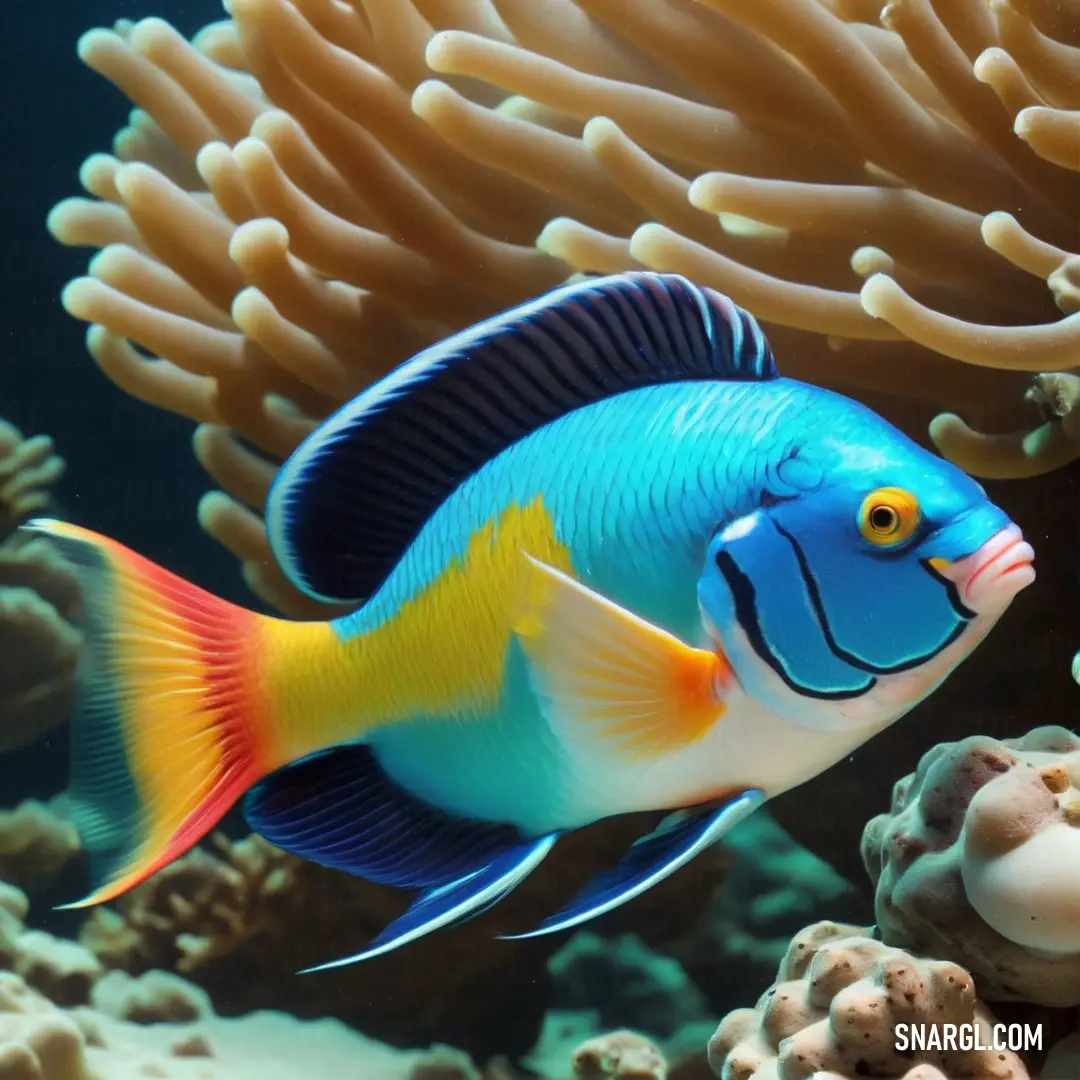 Blue and yellow fish is swimming in the water near corals and sea anemones on a coral reef