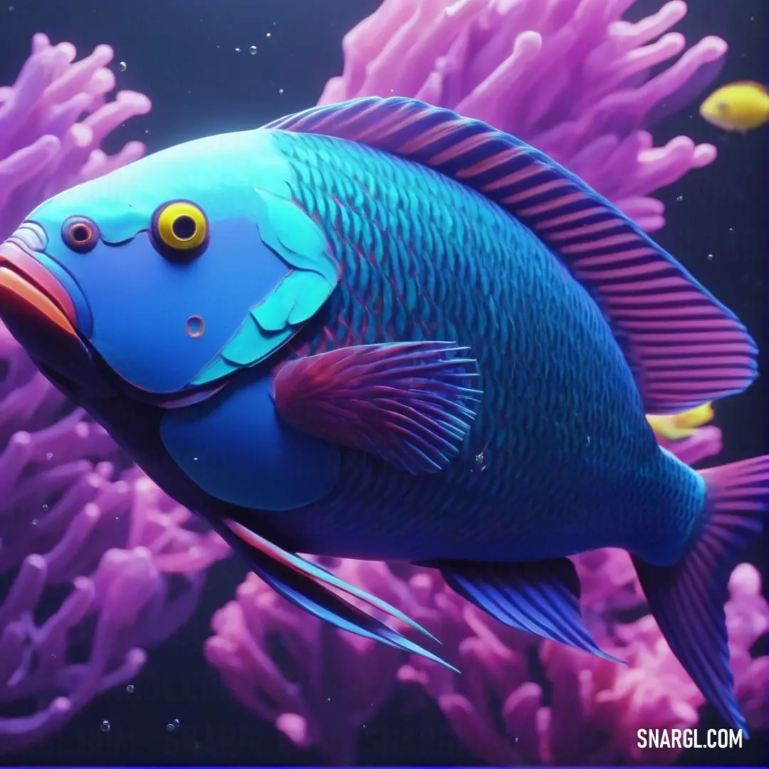 Blue fish with a yellow eye is swimming in a sea of pink corals