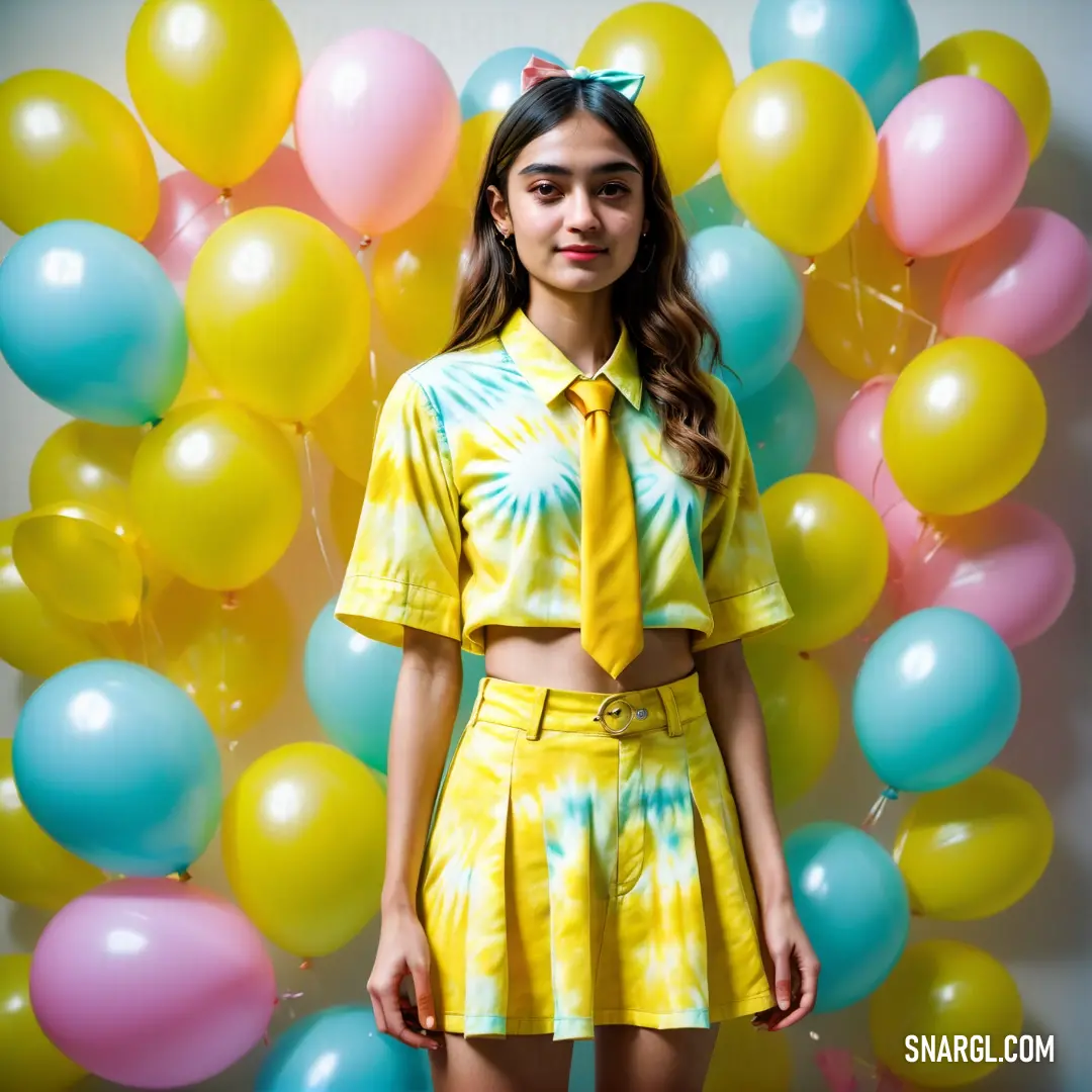 Girl in a tie dye shirt and skirt stands in front of balloons and balloons in a room