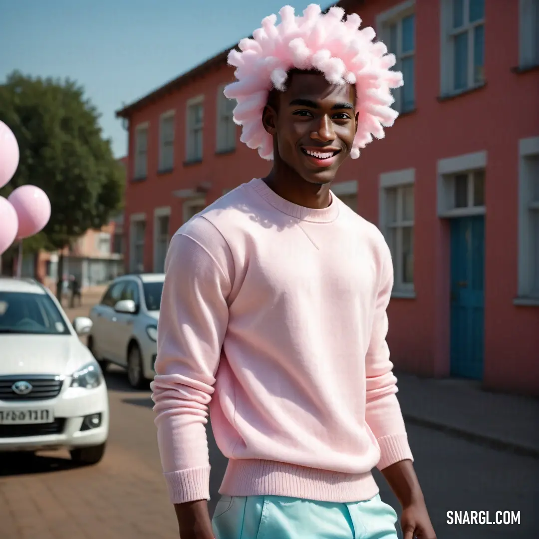 Man with a pink hairdo is standing in front of a building with balloons in the air and a car parked on the street