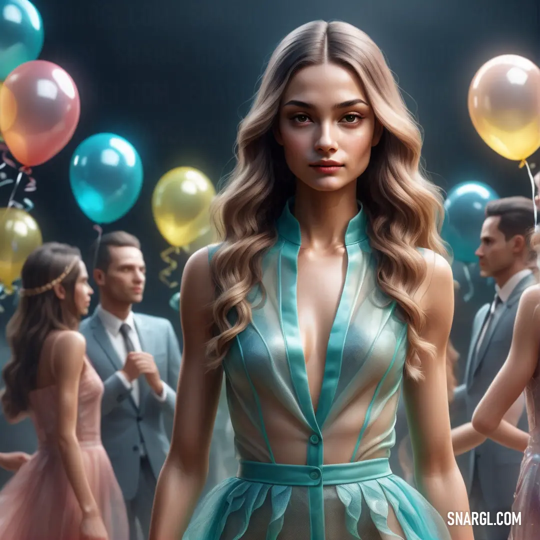 Woman in a blue dress standing in front of a group of people with balloons in the air