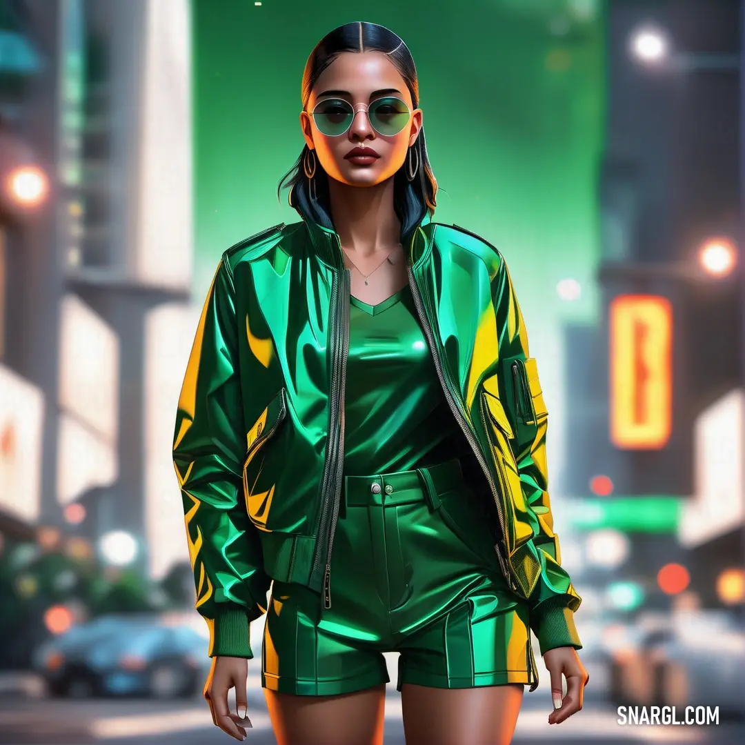 Woman in a green outfit and sunglasses walking down a street at night with a neon green background