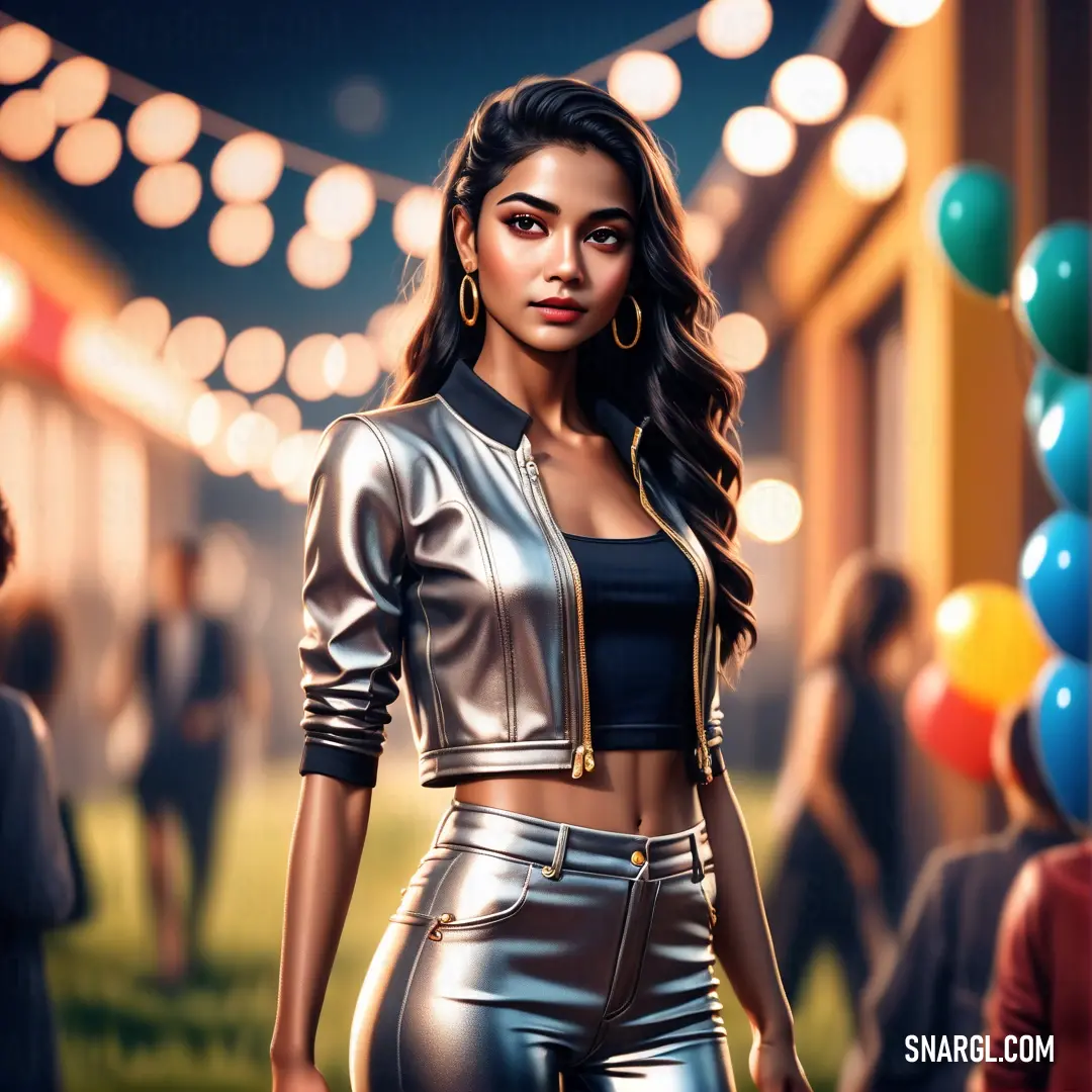 Woman in a metallic outfit standing in front of a crowd of people with balloons in the background and a string of lights