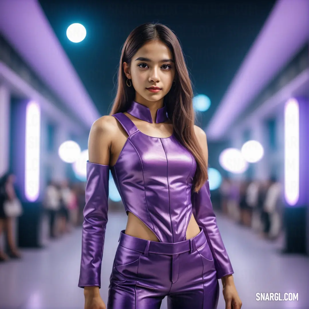 Woman in a purple outfit is standing in a hallway with people in the background