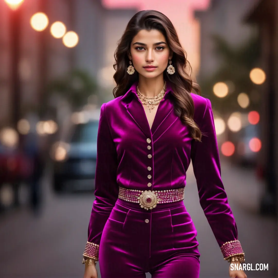 Woman in a purple suit is walking down the street with a handbag in her hand and a car in the background