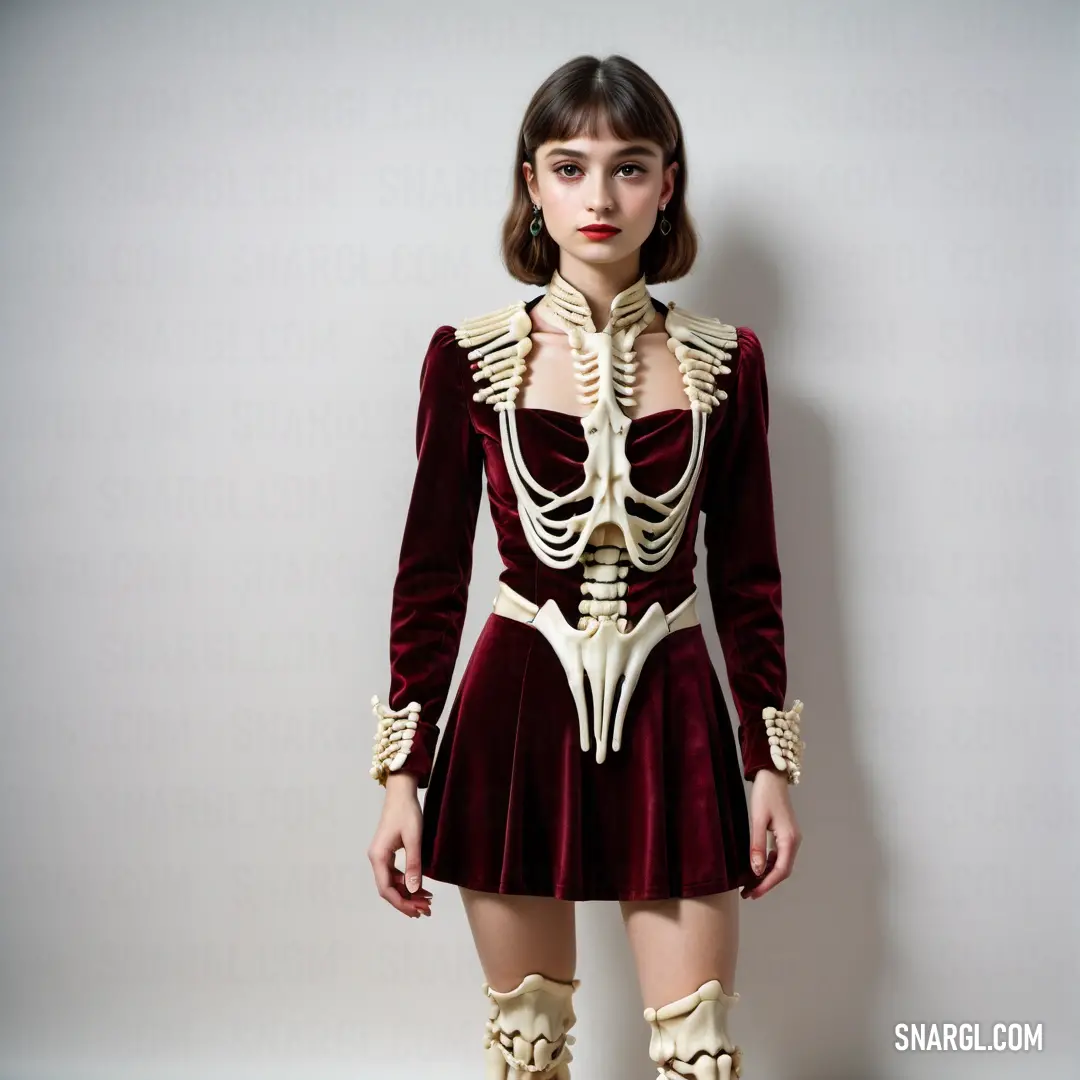 Woman in a skeleton costume poses for a picture in a studio setting with a white wall behind her