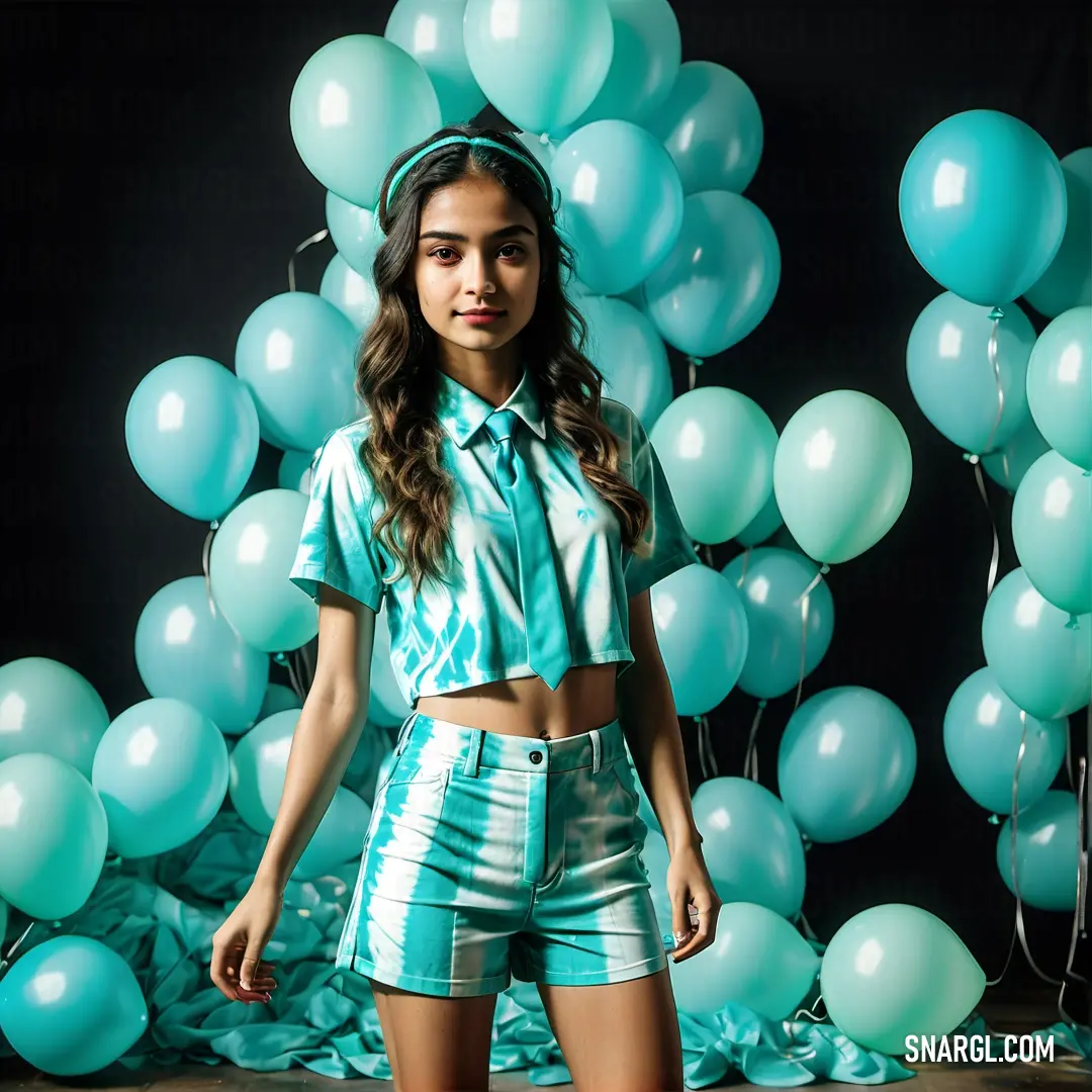 Woman standing in front of a bunch of balloons with a shirt on and a tie on her head