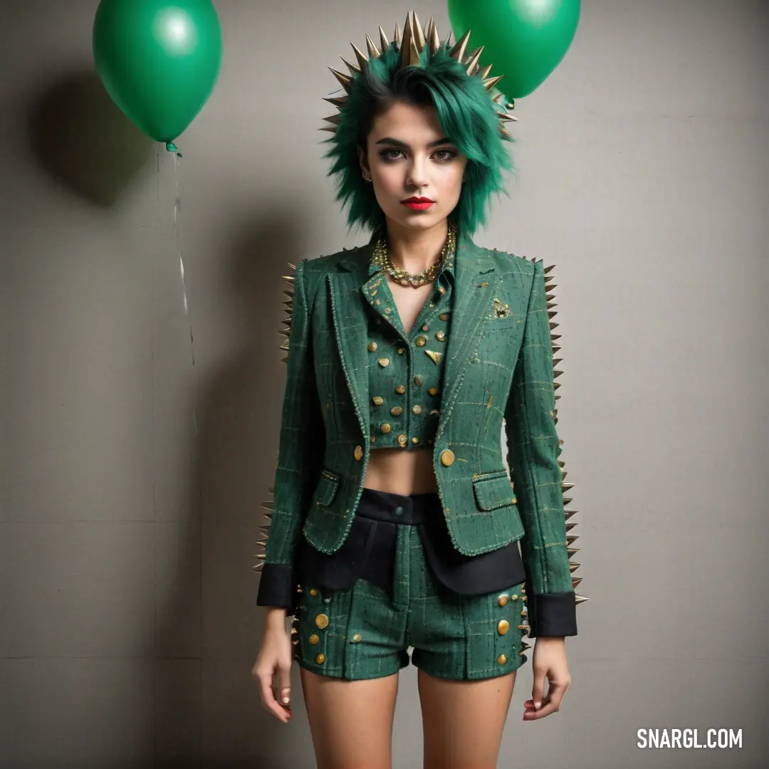 Woman with green hair and spiked ears wearing a green jacket and shorts with a green balloon behind her