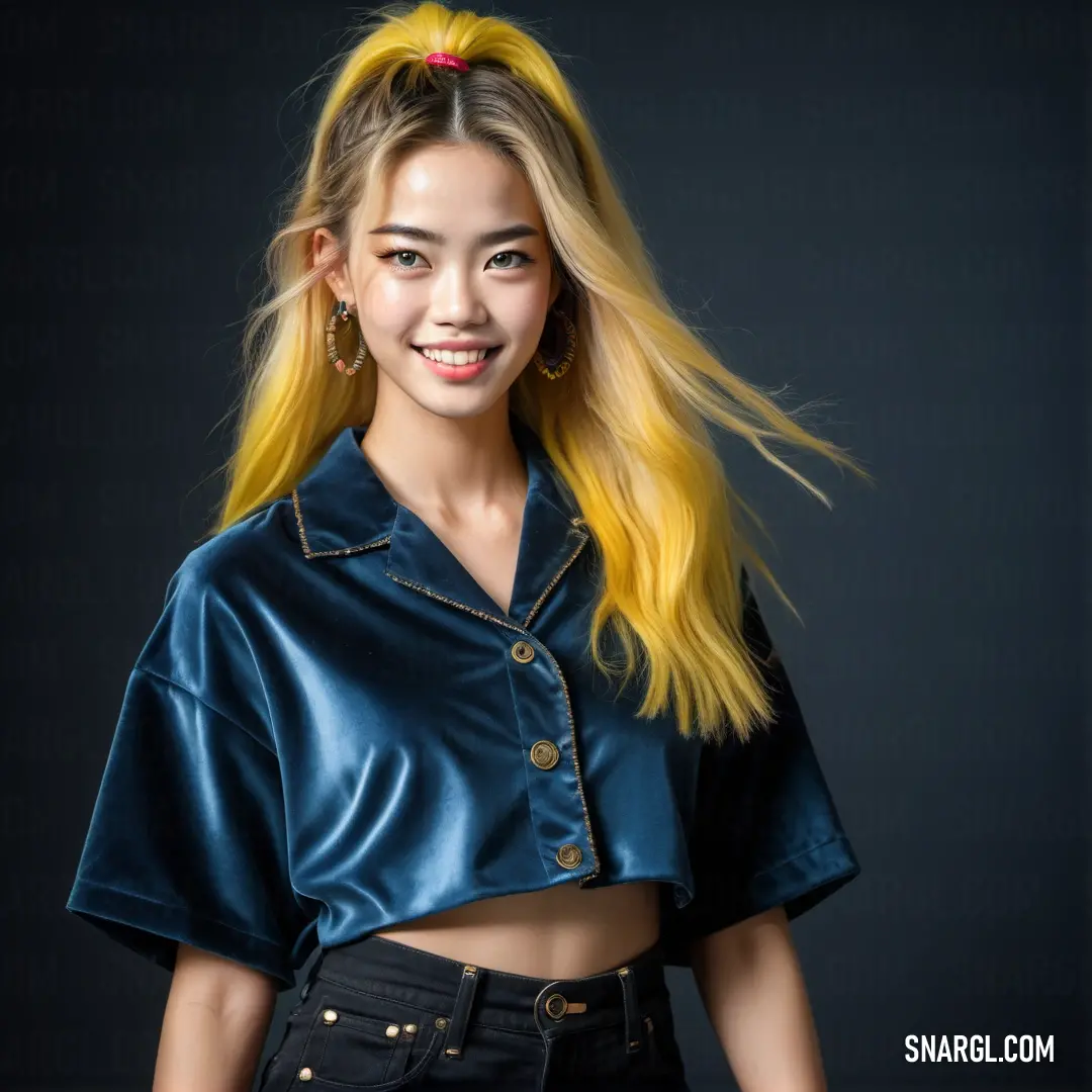 Woman with long blonde hair and a blue shirt on a black background