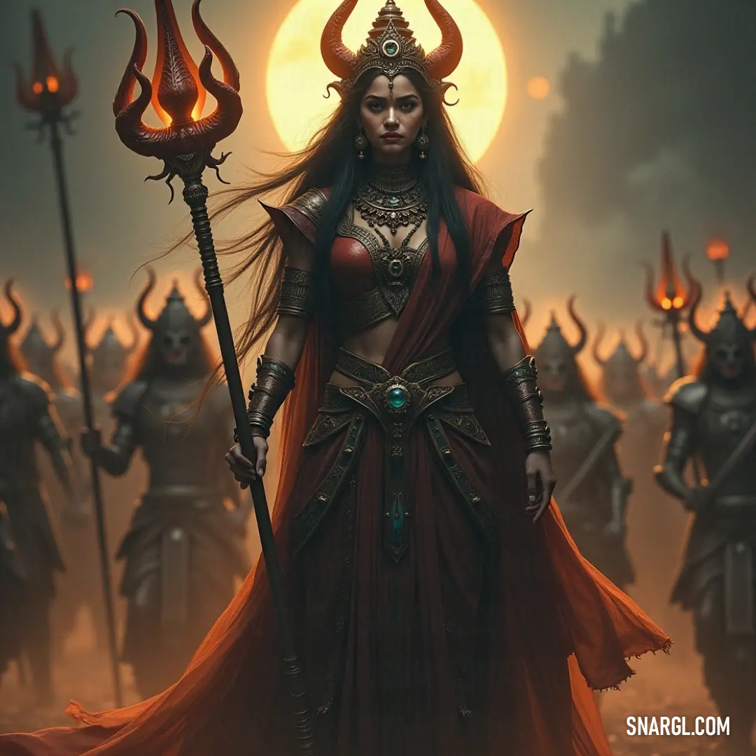 Parvati, clad in a striking red dress with a staff and demon companion, stands poised under a glowing full moon. Divine Parvati adorned in a flowing red dress, fiercely holding a powerful staff, while a mischievous demon clings to her shoulder, framed by a vibrant full moon illuminating the night sky.