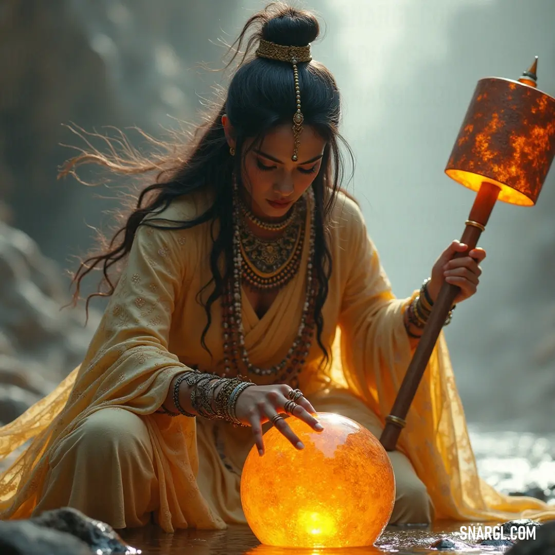 Parvati in a bright yellow dress, holding a glowing ball and a stick, exuding divine energy in a mystical setting. Parvati, dressed in a vibrant yellow dress, holds a glowing ball and a stick, standing in a majestic, otherworldly setting. Her powerful presence is accentuated by the soft, mystical glow surrounding her.