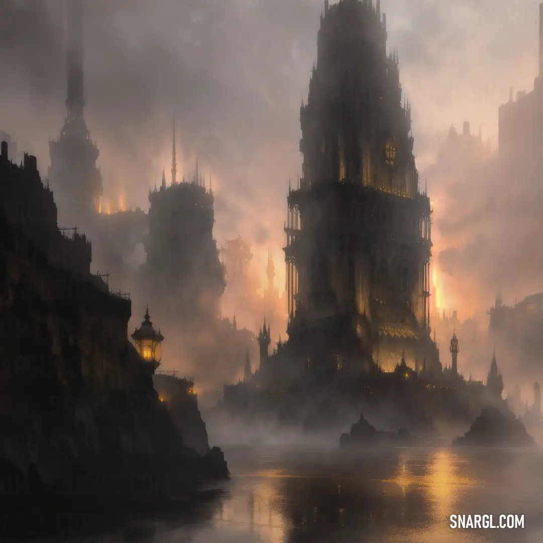 Castle in the middle of a lake surrounded by fog and fog with a clock tower in the distance