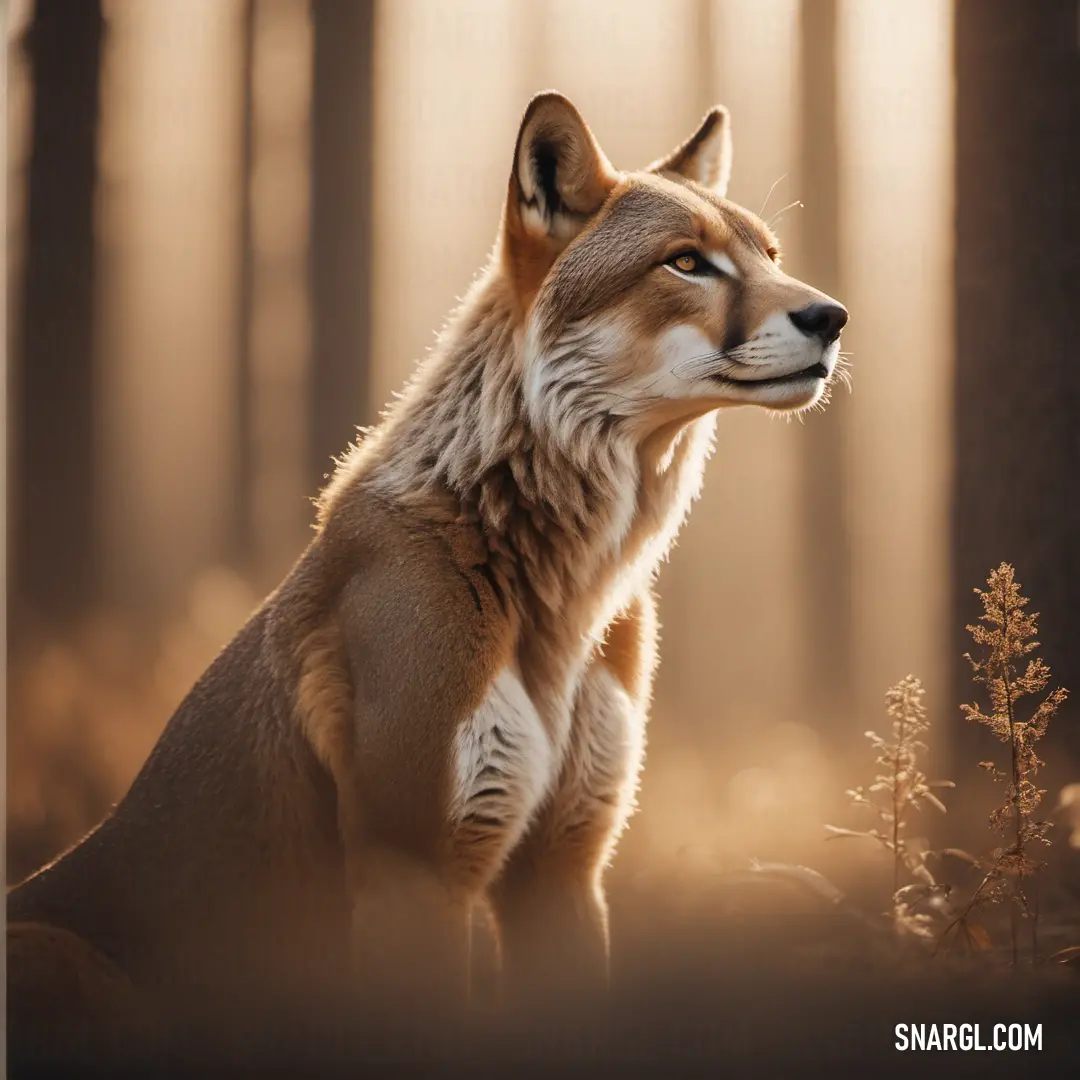 Fox standing in the middle of a forest with its head turned to the side and its eyes closed. Color #836953.