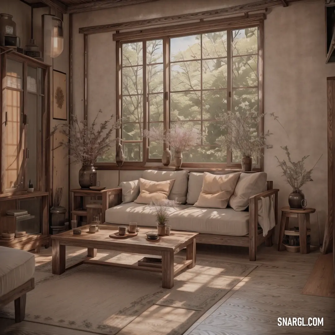 Living room with a couch and a table in it and a window with a view of the woods