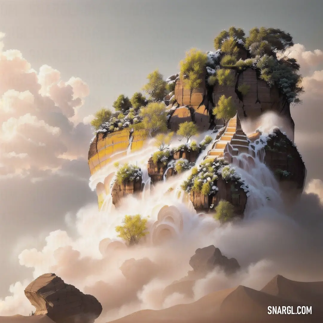 Painting of a mountain with a waterfall and trees on it's side and clouds in the sky