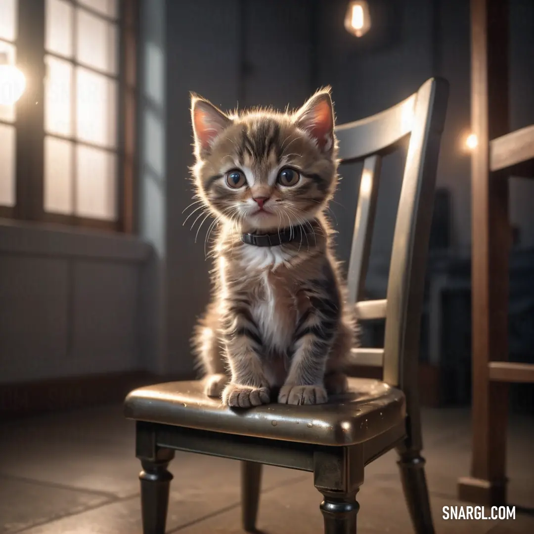 Small kitten on a wooden chair in a room with a light bulb overhead and a window in the background. Example of #836953 color.