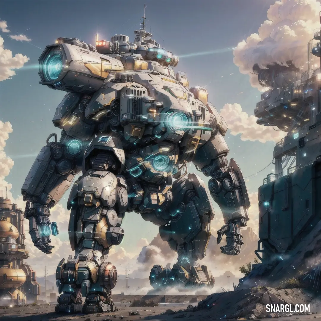 Giant robot standing in front of a city with lots of smoke and steam coming out of it's back