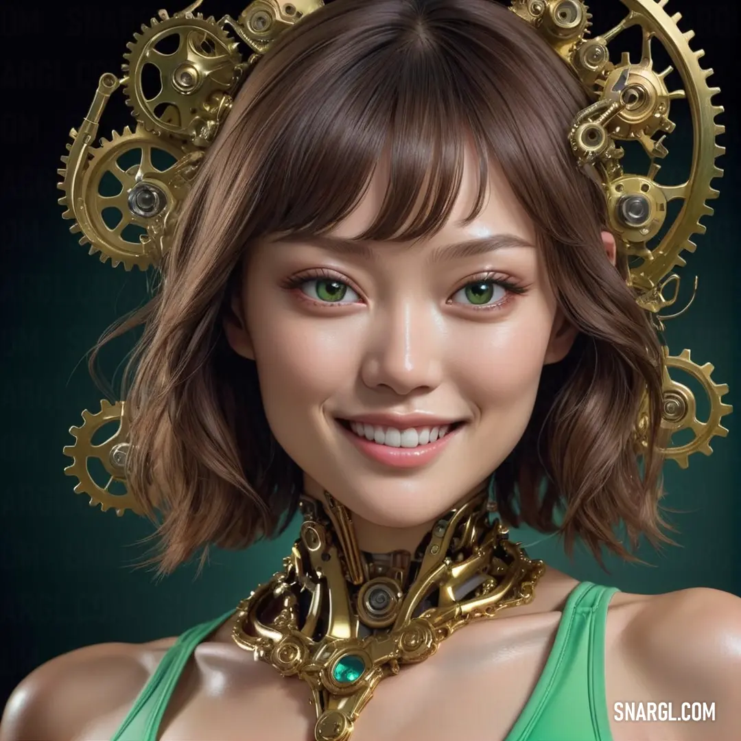 Pastel green color example: Digital painting of a woman wearing a gold necklace and a green top with gears on her head