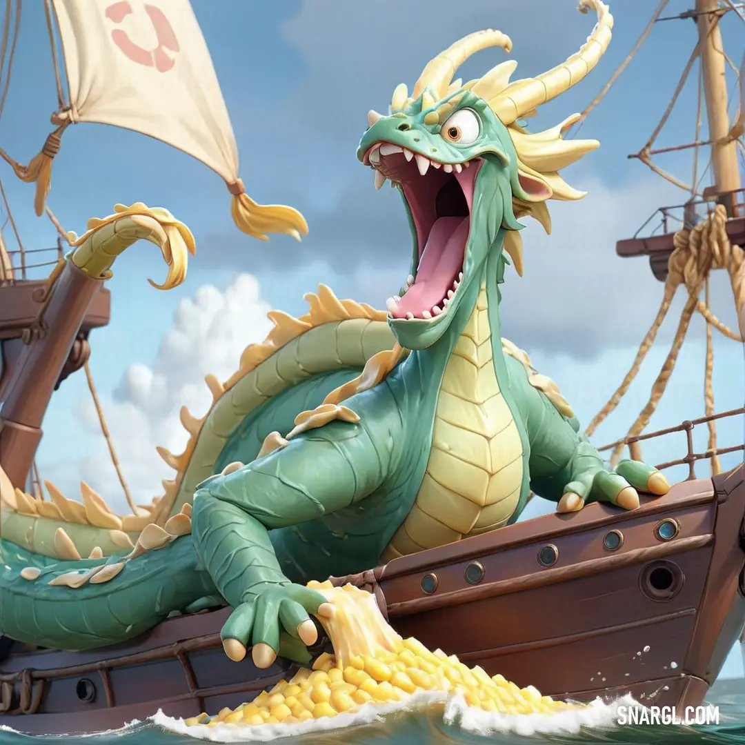 Dragon is on a boat in the water with a flag in the background and a ship in the foreground