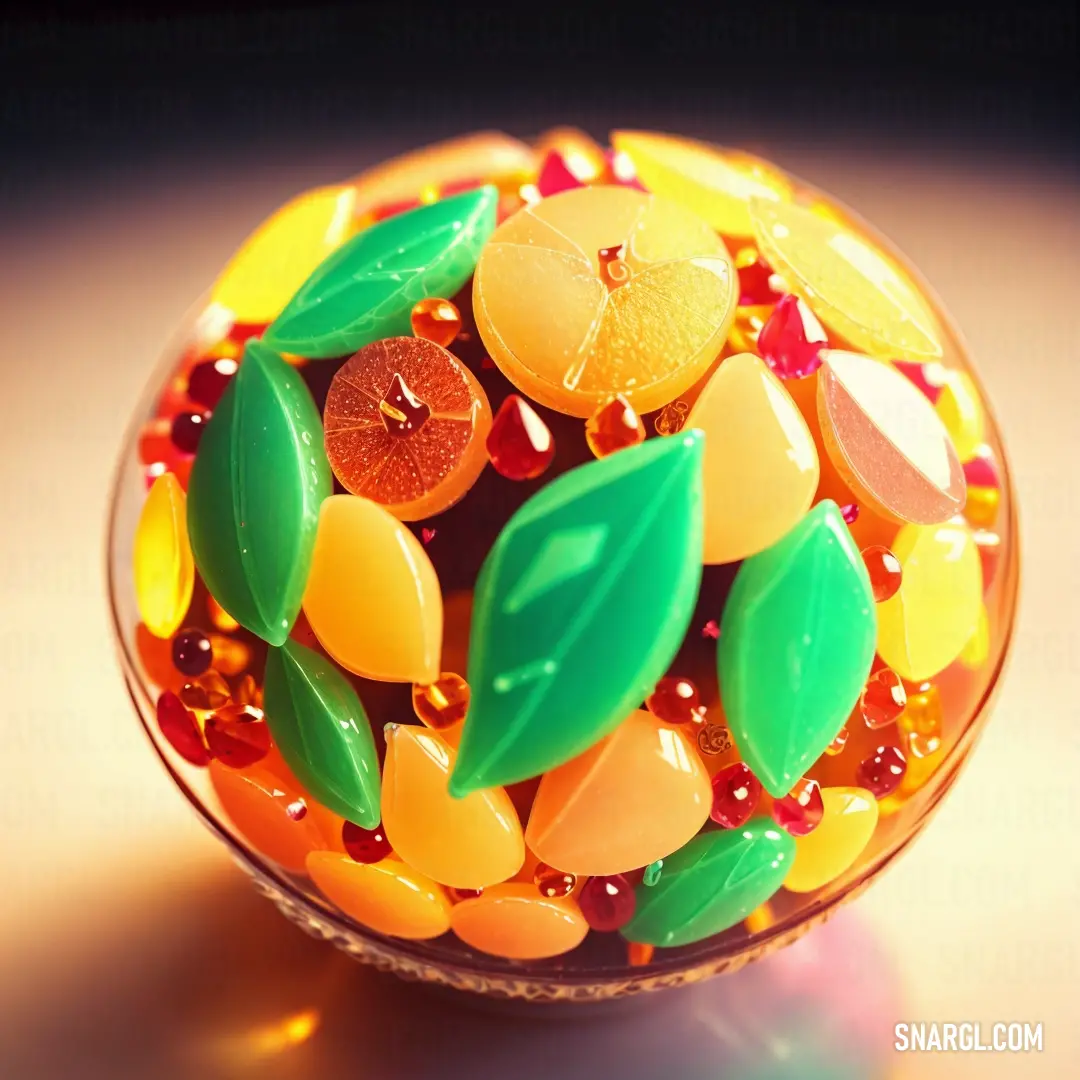 Glass bowl filled with lots of colorful beads and leaves on top of a table top next to a wall. Color Pastel green.