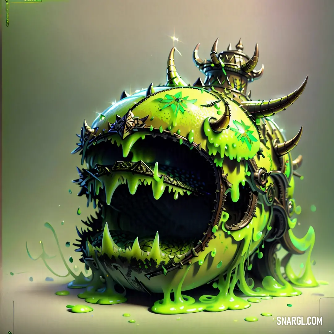 Green and black object with horns and spikes on it's head and eyes