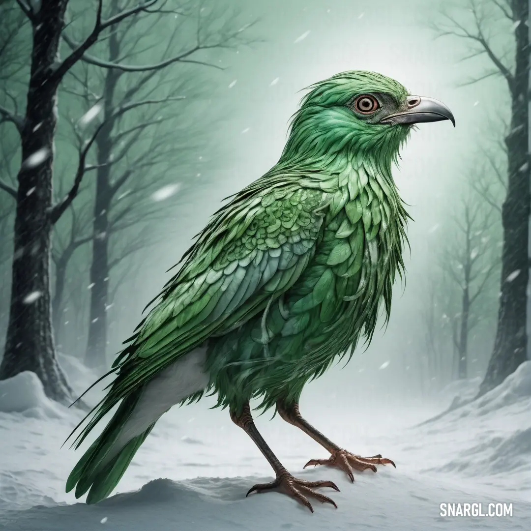 Green bird standing on a snowy surface in a forest with trees and snow falling on the ground