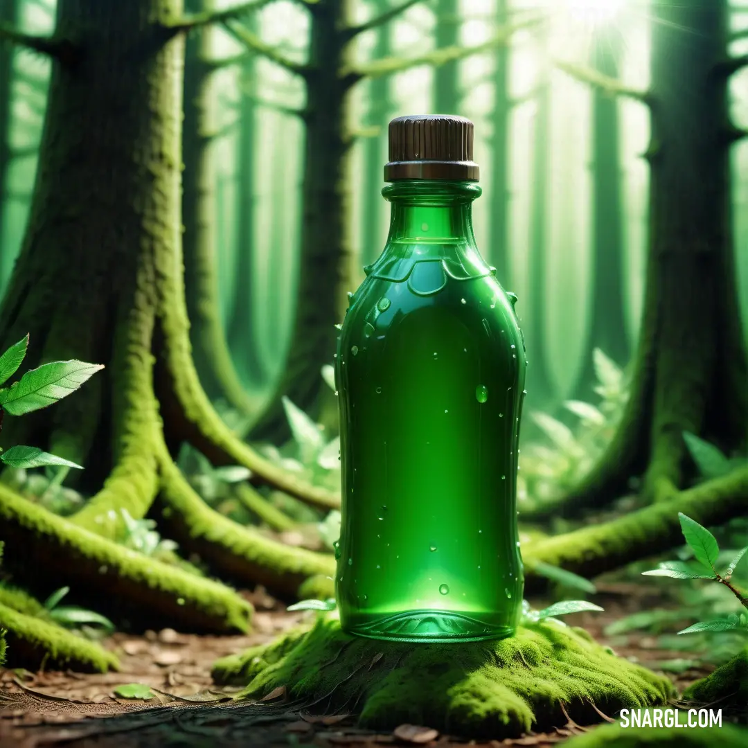 Green bottle with water on a mossy forest floor with trees in the background and sunlight shining through the trees