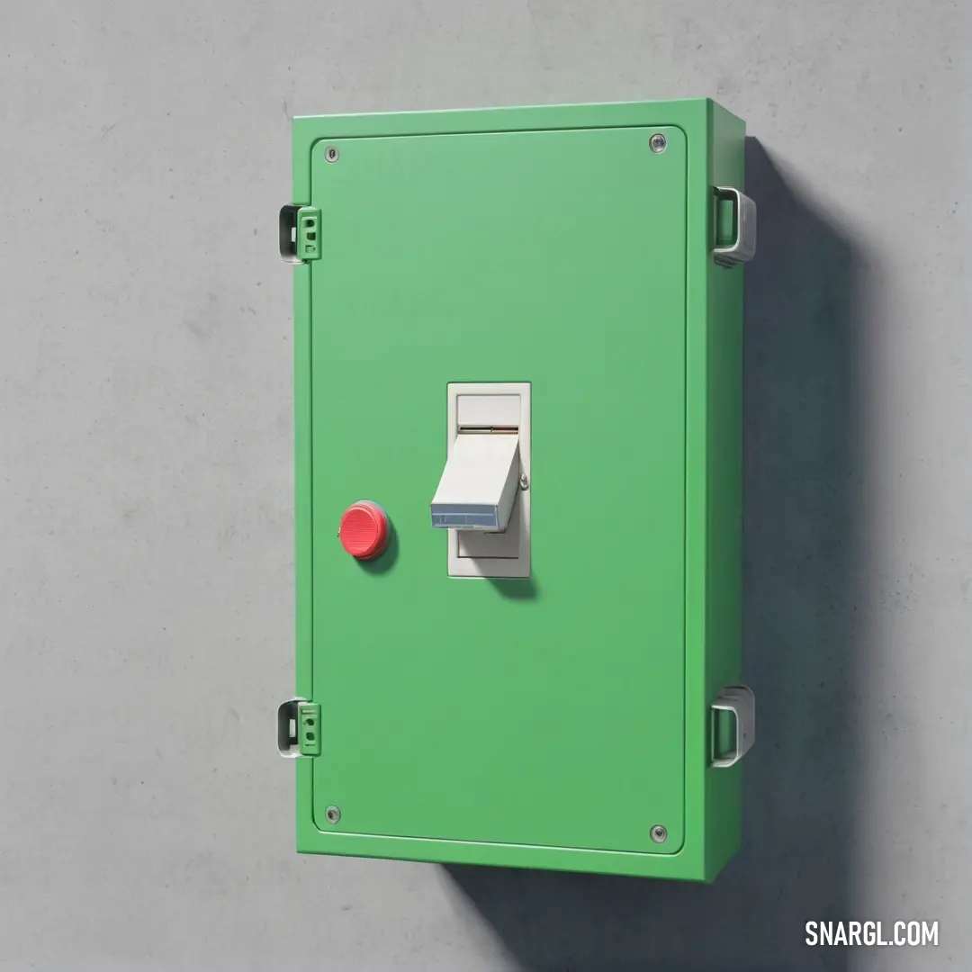 Pastel green color. Green box with a red button on it is on a wall with a gray background