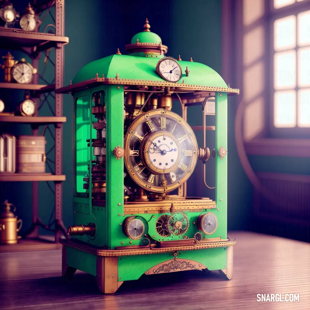 Green clock on top of a wooden table next to a window and shelves with clocks on it