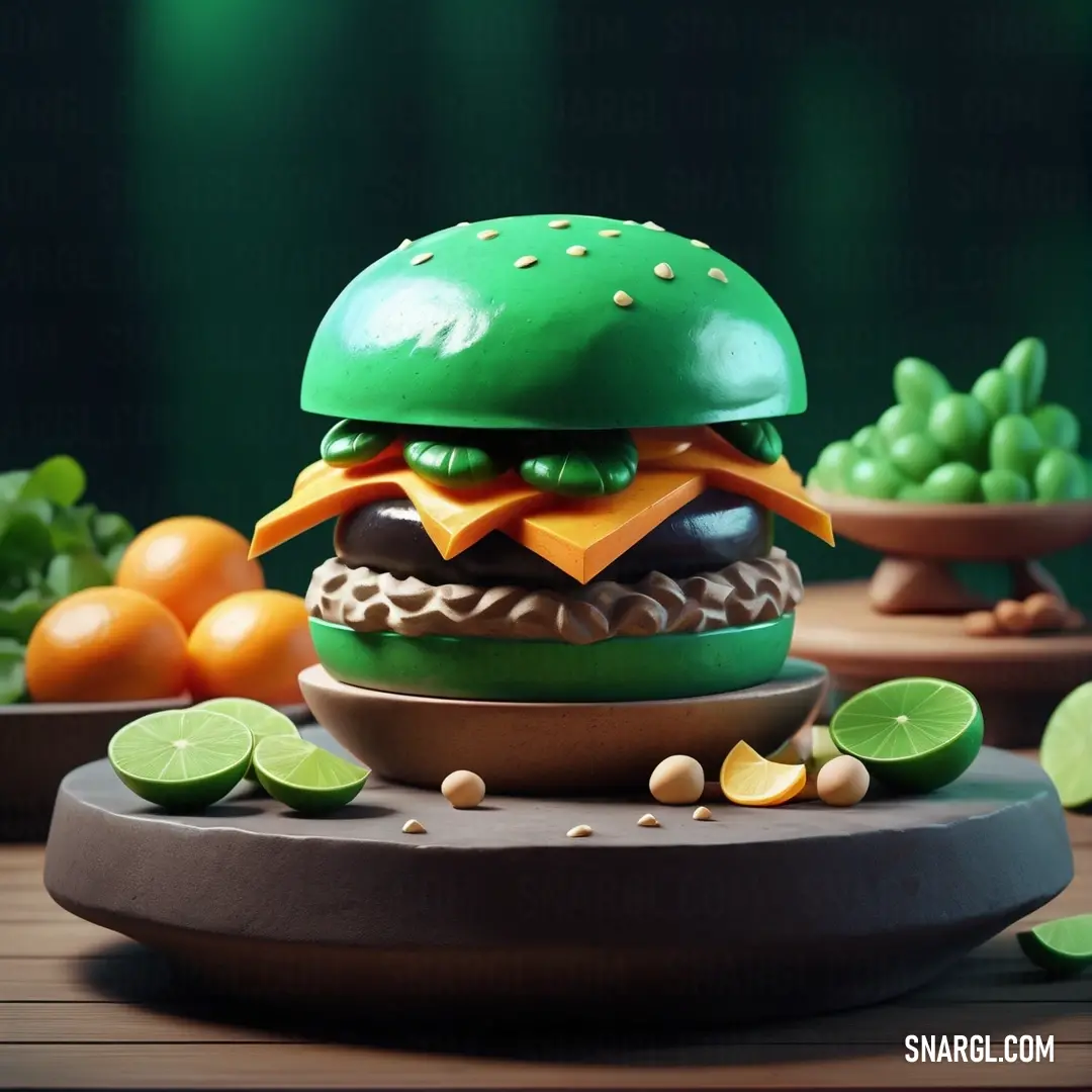 Green hamburger with a green hat and a green background with oranges and other food items on it. Example of #77DD77 color.