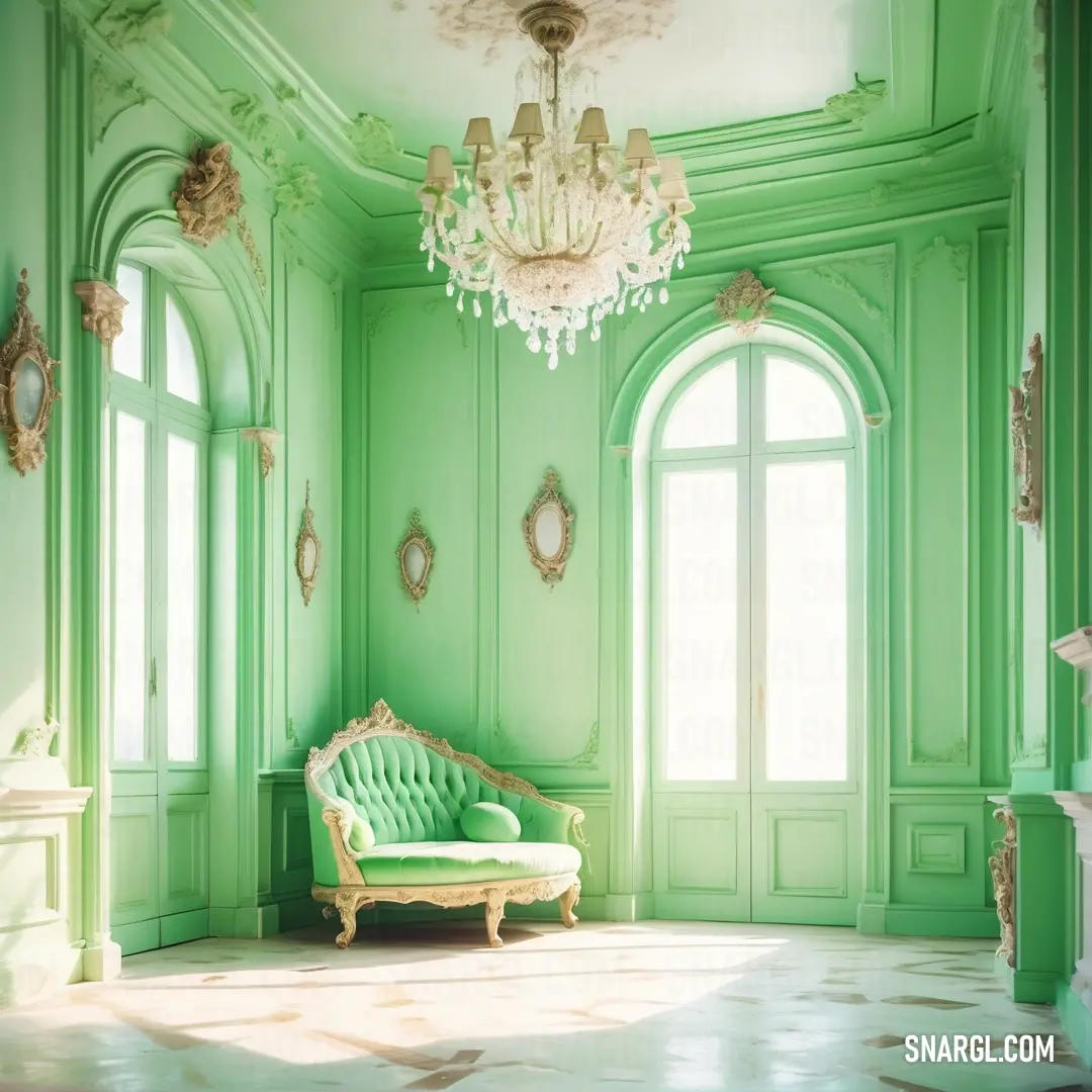 Green room with a couch and a chandelier hanging from the ceiling and a chandelier hanging from the ceiling. Example of CMYK 46,0,46,13 color.