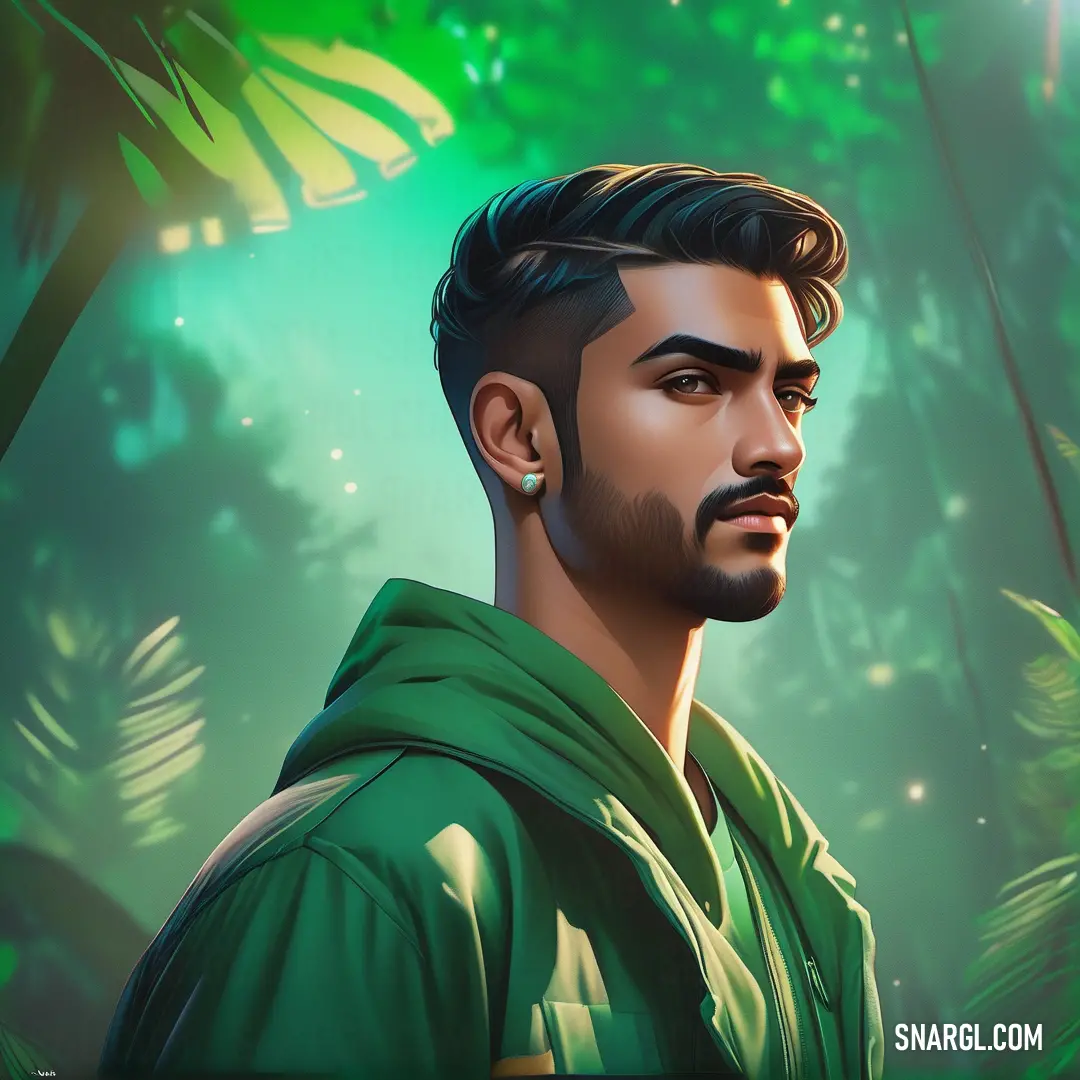 Man with a beard and a green hoodie in a forest with trees and plants in the background