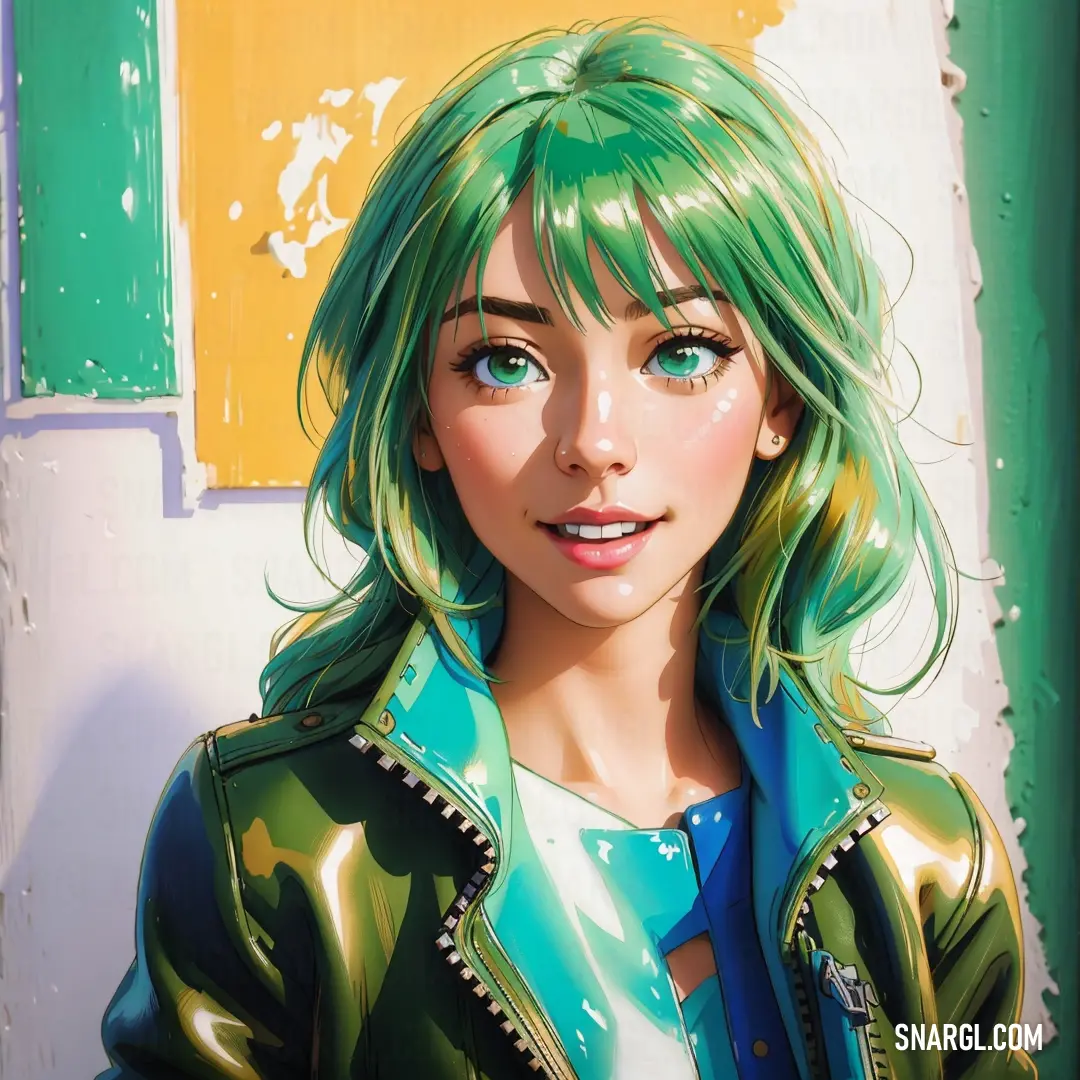 Painting of a woman with green hair and a blue shirt and jacket on