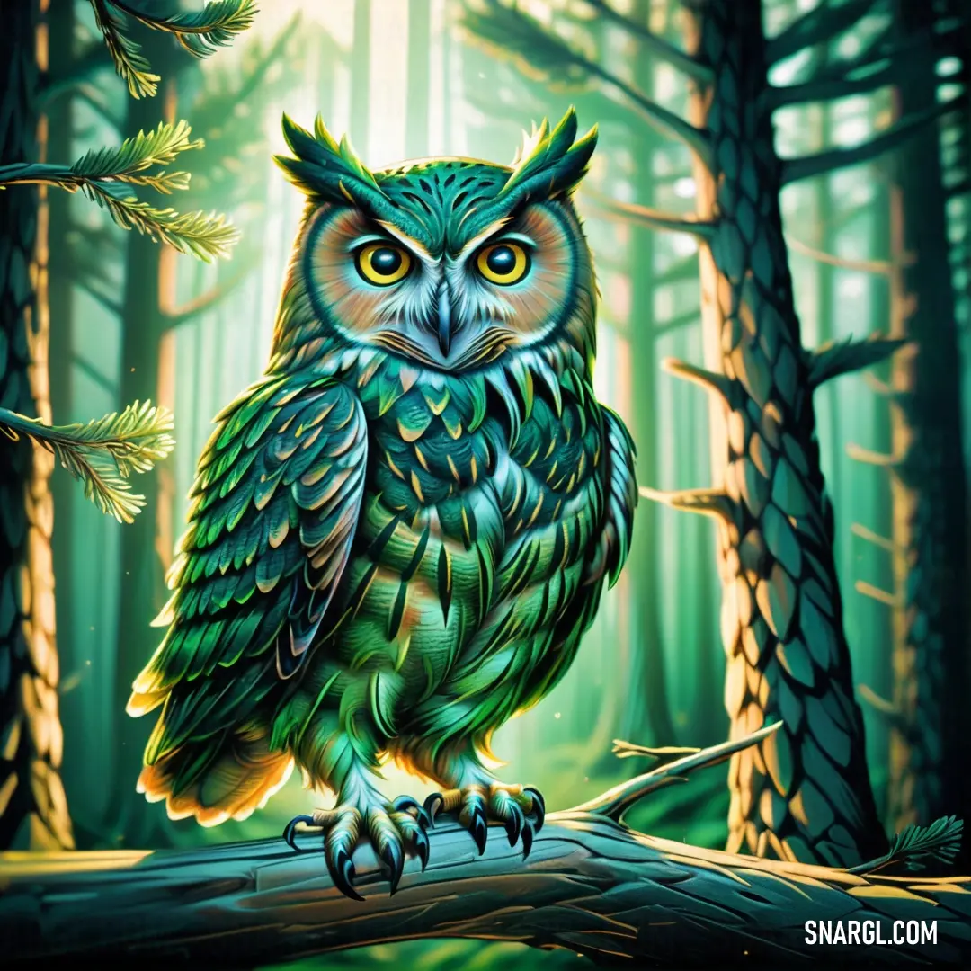 Painting of an owl on a branch in a forest with trees and a sun shining through the trees. Color CMYK 46,0,46,13.