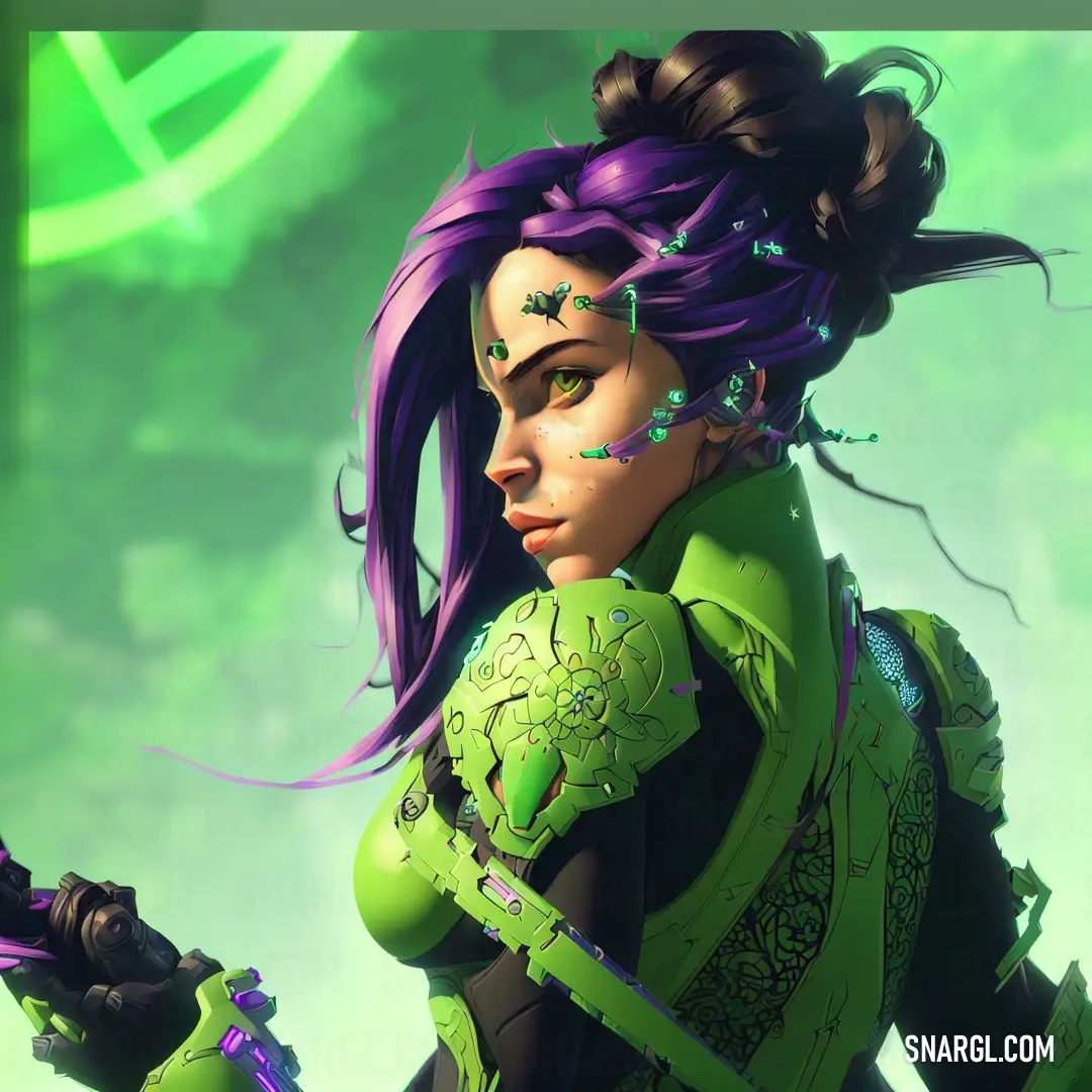 Woman with purple hair and green outfit holding a sword in her hand. Example of Pastel green color.