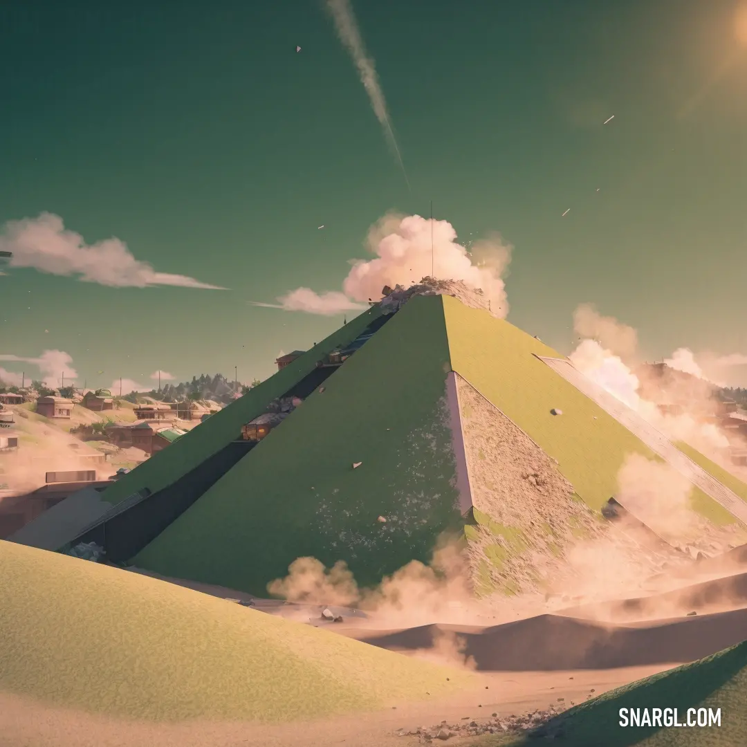 Pyramid in the desert with smoke coming out of it's sides and a sky background with a few clouds
