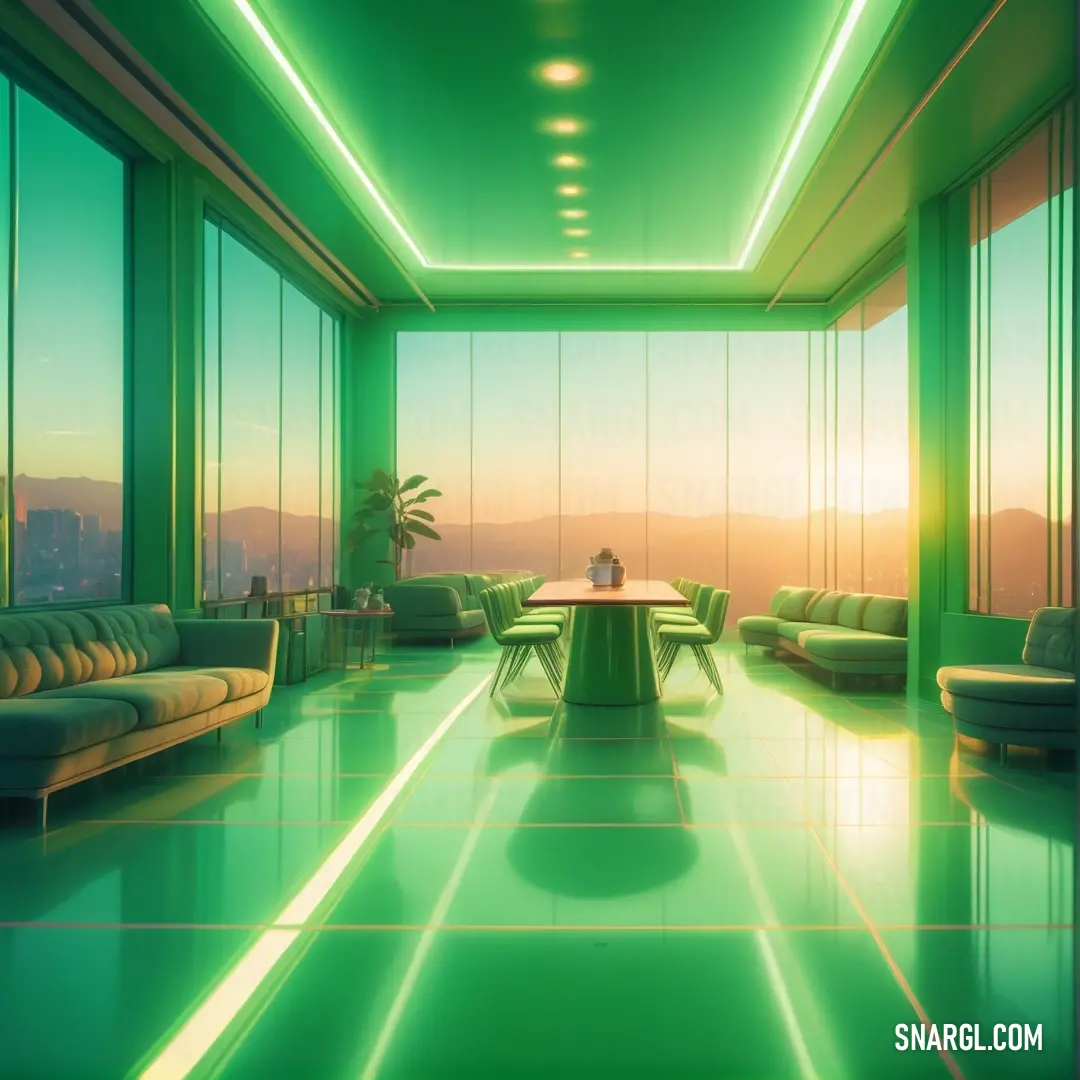 Pastel green color example: Room with a table and couches and a large window with a view of the city outside of it