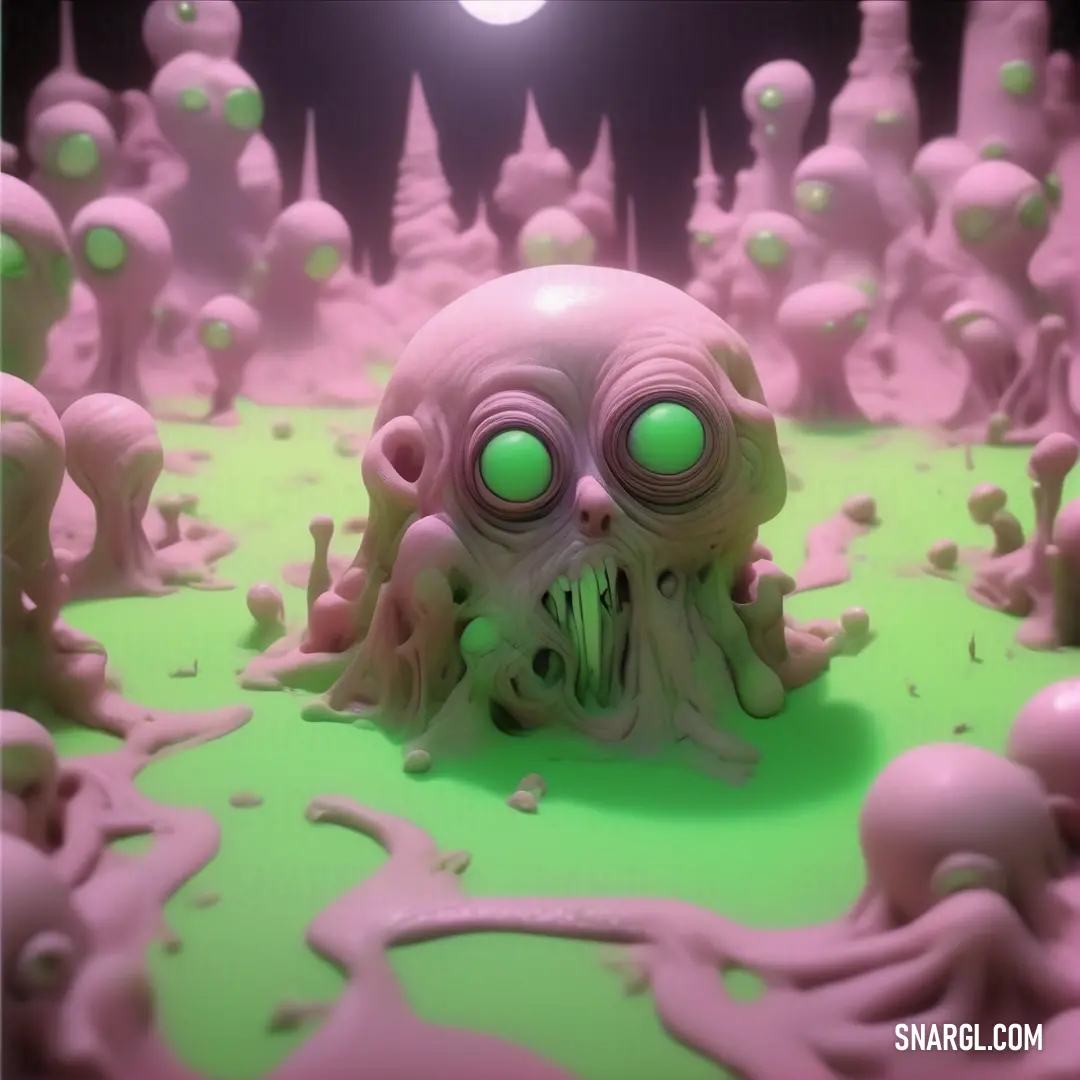 Strange looking creature with green eyes in a room full of pink and green objects with a black light. Example of Pastel green color.