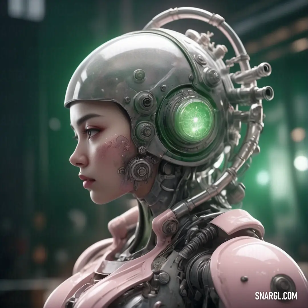 Woman with a futuristic helmet and green eyes looking at something in the distance with a green light on her head