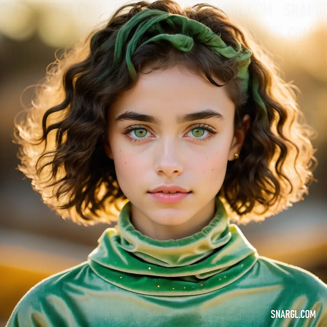 Young girl with curly hair and green dress looks into the camera with a serious look on her face