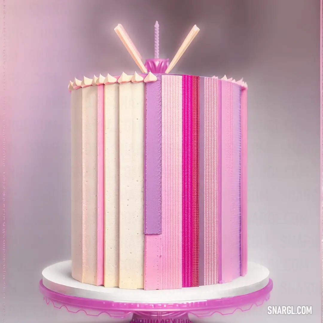 Cake with pink and white stripes and a pink candle on top of it