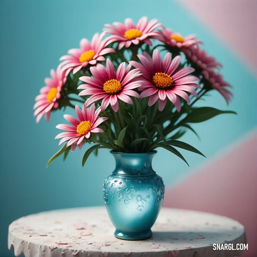 Pastel magenta color example: Blue vase with pink flowers on a table with a blue background