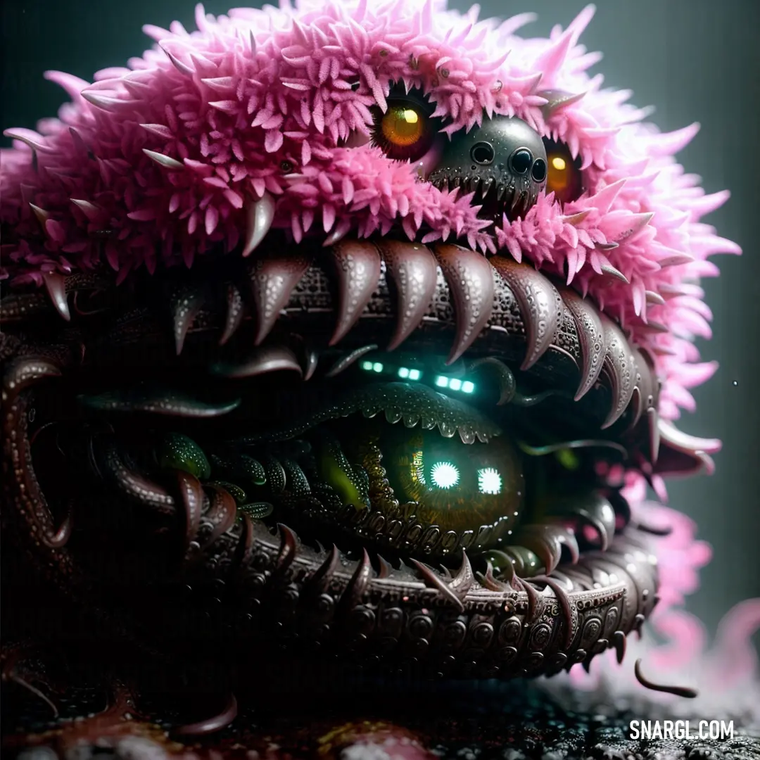 Pastel magenta color. Strange creature with a weird pink flower on its head and eyes, with a black background